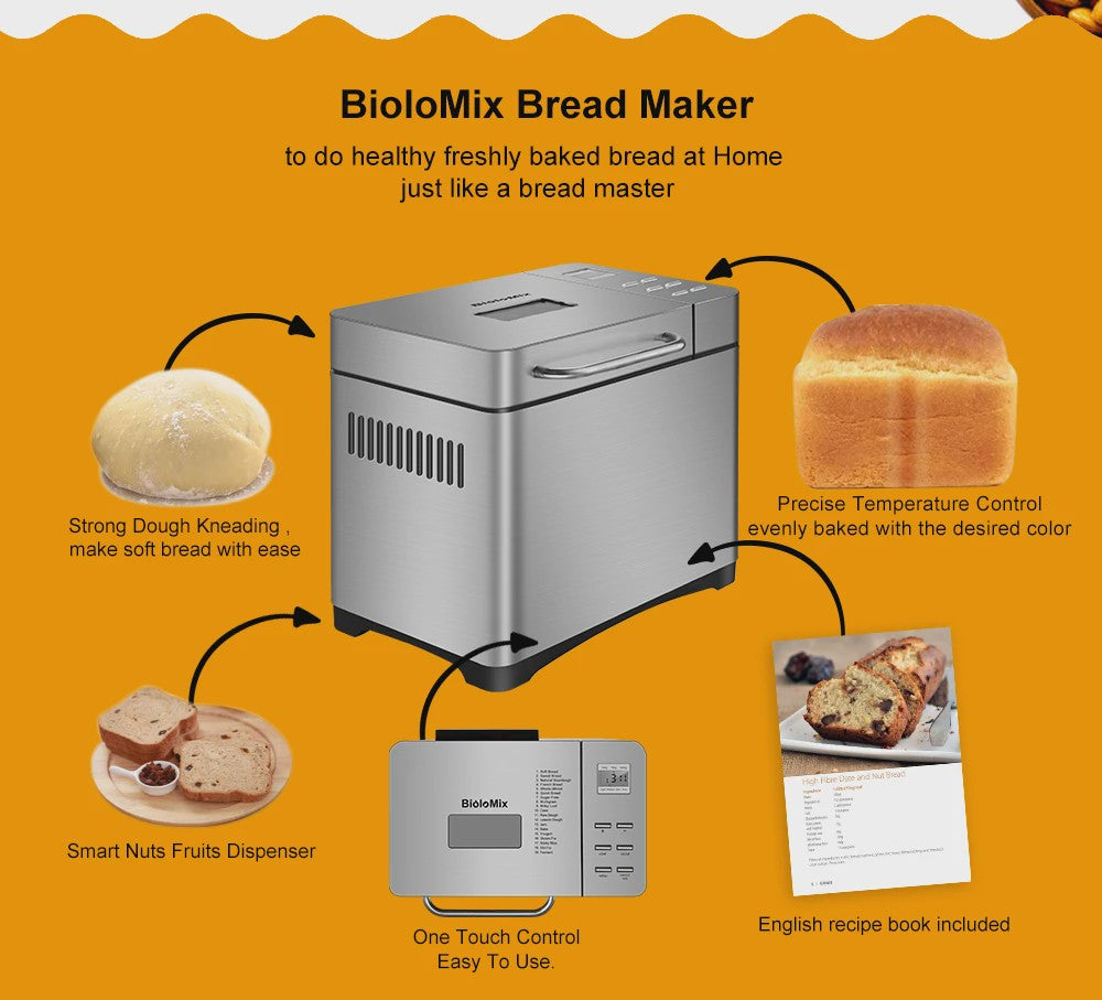Biolomix Broodmachine RVS - 1KG Capaciteit, 19 Programma's, Automatische Fruitdispenser