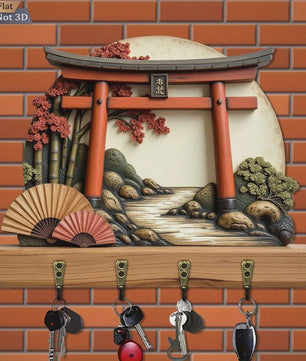 Japanse Torii Poort Sleutelhanger & Wandrek met 4 Haken - Decoratief Hout