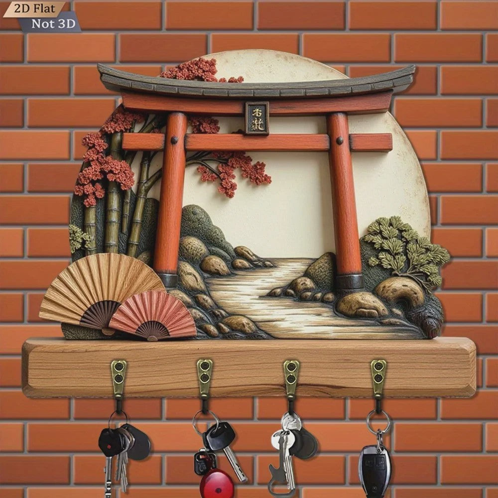 Japanse Torii Poort Sleutelhanger & Wandrek met 4 Haken - Decoratief Hout
