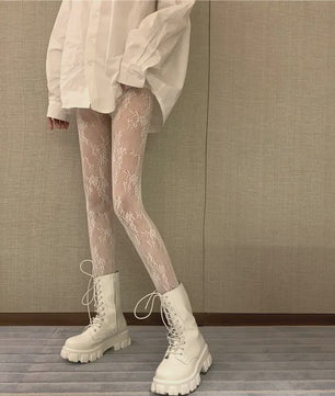 Luxe Lolita Pantyhose met Bloemig Kant en Mesh - Retro Stijl