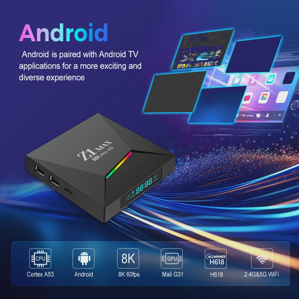 Z1 Max Android 15 Smart TV Box: 8K Ultra HD Media Player met 4GB RAM & Dual WiFi