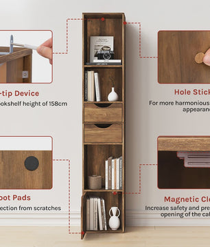 Hoge Smalle Boekenkast met Lades en Deur - Stijlvolle Opbergkast voor Woonkamer & Kantoor (158cm)
