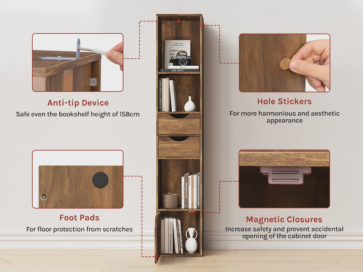 Hoge Smalle Boekenkast met Lades en Deur - Stijlvolle Opbergkast voor Woonkamer & Kantoor (158cm)