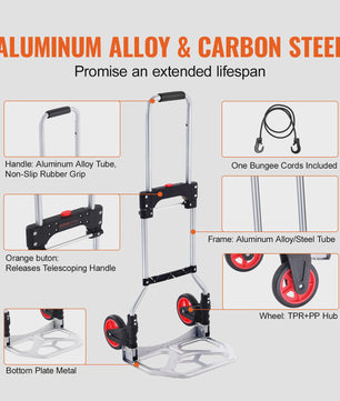 Opvouwbare Handkar met Telescoopsteel - 80kg Draagvermogen - Aluminium