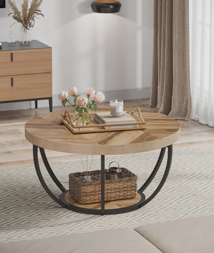 Industriële Ronde Salontafel 80cm met 2 Lagen Opslag - Modern Hout & Metaal