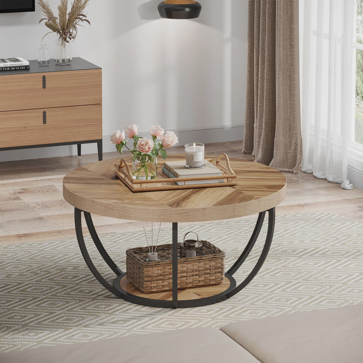 Industriële Ronde Salontafel 80cm met 2 Lagen Opslag - Modern Hout & Metaal