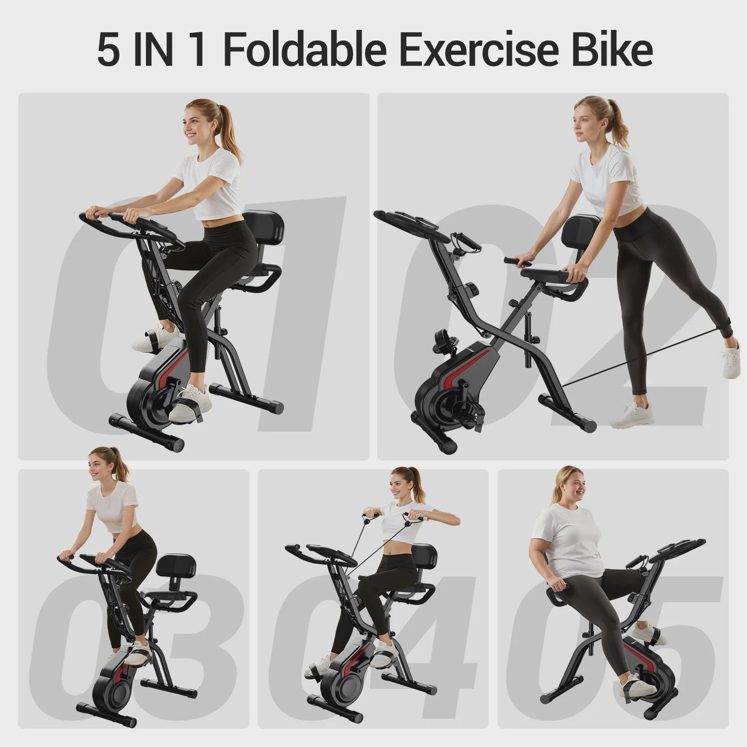 UMAY 5-in-1 Opvouwbare Hometrainer met Rugleuning, 8 Weerstandsniveaus & Weerstandsbanden