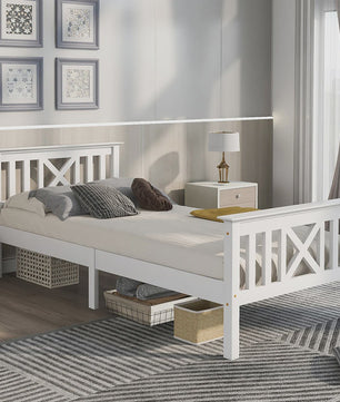 Massief Houten Eenpersoonsbed 90x200 cm met Lattenbodem en Hoofdbord - Wit Grenen