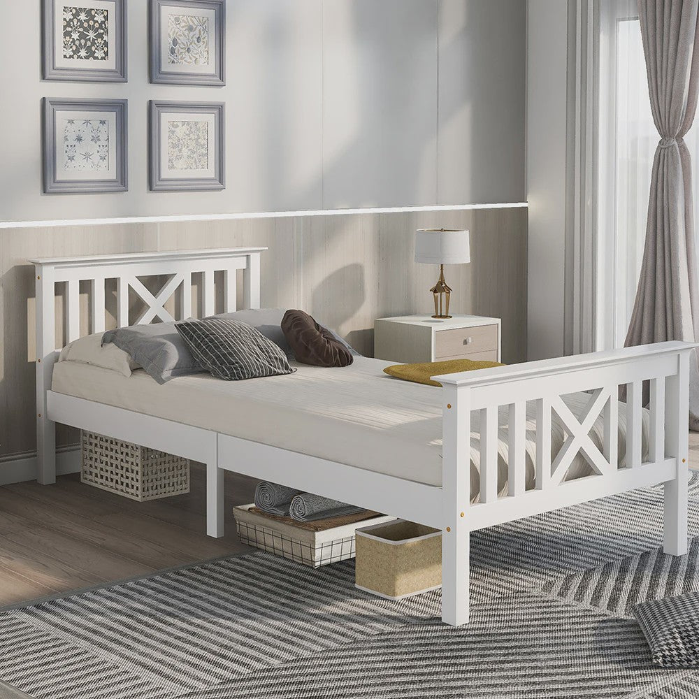 Massief Houten Eenpersoonsbed 90x200 cm met Lattenbodem en Hoofdbord - Wit Grenen