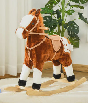 Houten Schommelpaard met Dierengeluiden - Bruin, 74x28x65 cm