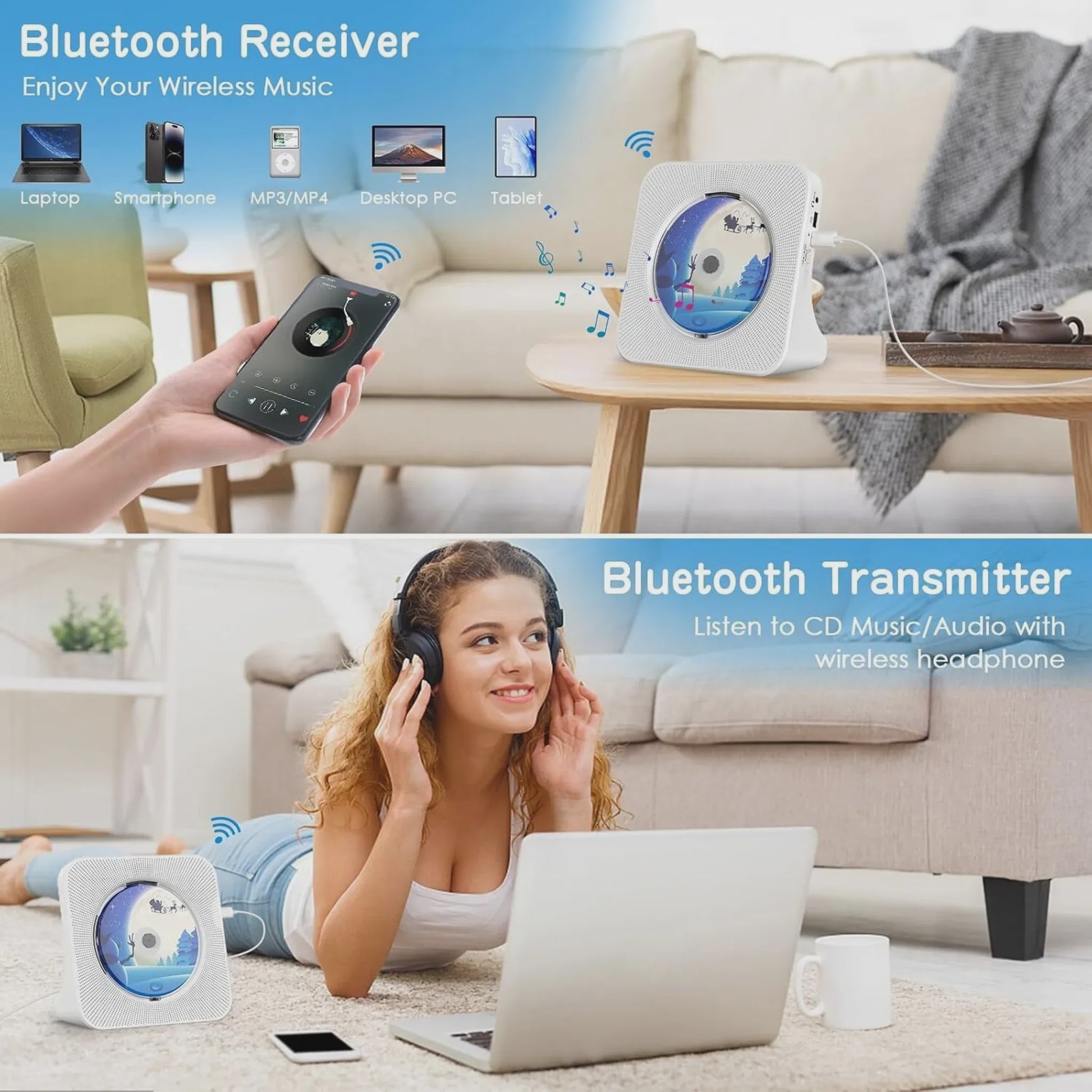 Bluetooth CD Speler met 2 HIFI Speakers, Desktop CD Speler met Afstandsbediening en LED Display