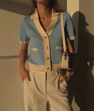 Elegante Gebreide Cardigan met Korte Mouwen en Contrastdetails