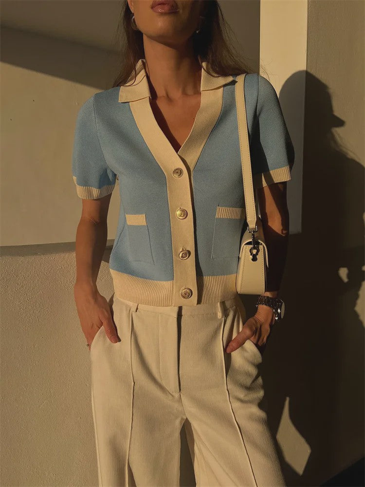Elegante Gebreide Cardigan met Korte Mouwen en Contrastdetails