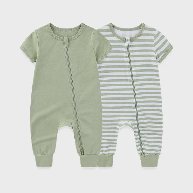 Zachte Katoenen Romper voor Baby Jongen en Meisje - Unisex Korte Mouw met Ritssluiting (2 Stuks)