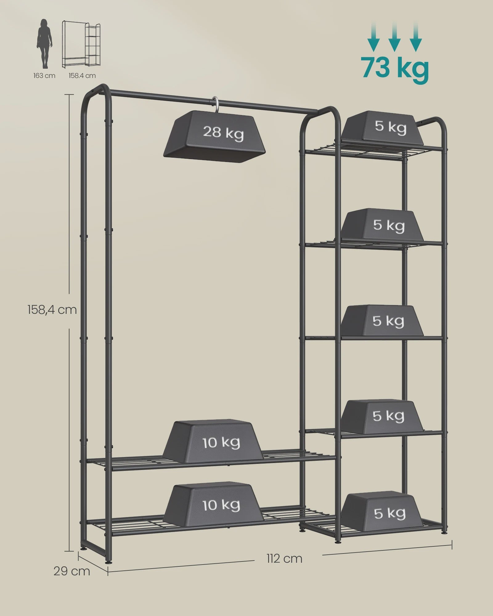Open Kledingrek met Planken - Metaal - 29x112x158.4 cm - Zwart
