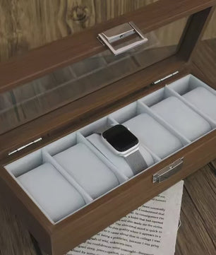 Luxe Houten Horlogedoos met Glazen Deksel - 6 Vakken - Walnoot Patroon