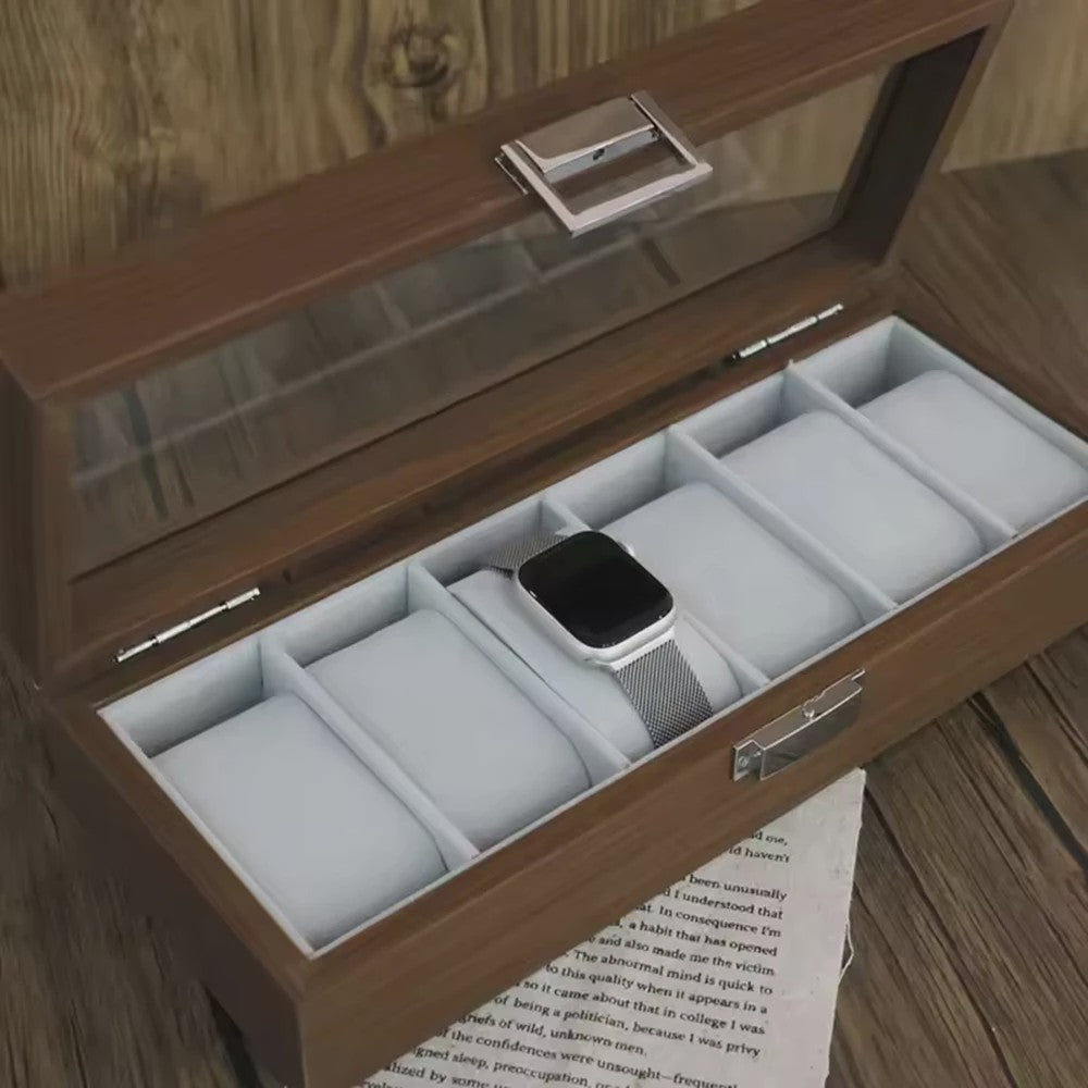 Luxe Houten Horlogedoos met Glazen Deksel - 6 Vakken - Walnoot Patroon