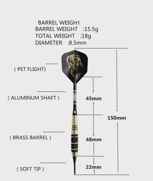 Set van 3 Professionele Soft Darts (18g) met Messing Barrels, Zwarte Kleur en Accessoires