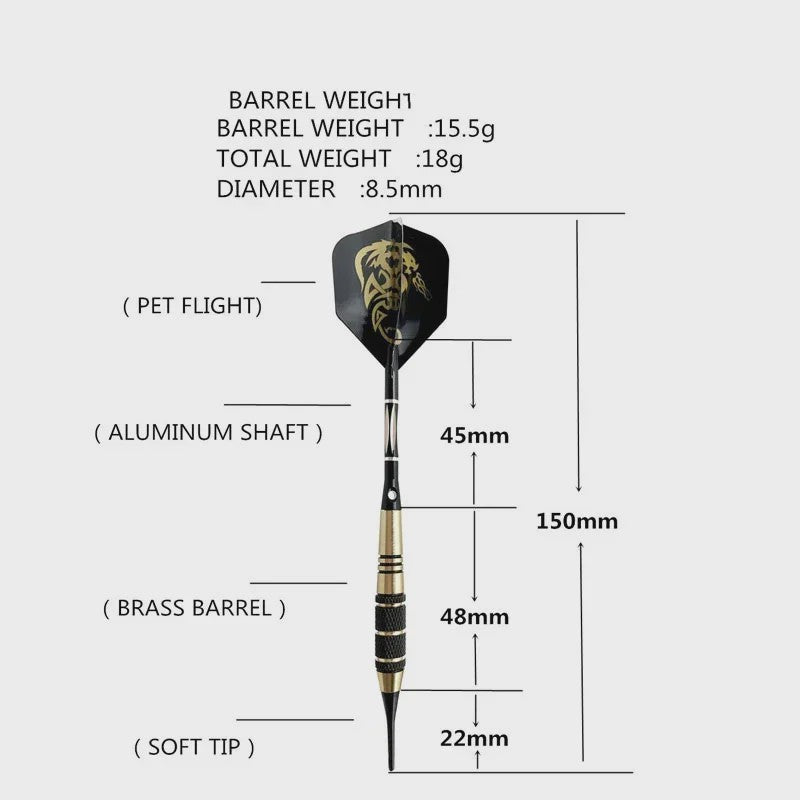 Set van 3 Professionele Soft Darts (18g) met Messing Barrels, Zwarte Kleur en Accessoires