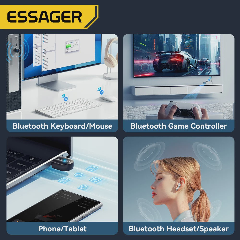 Essager Bluetooth 5.3 USB Adapter: Draadloze Audio & Randapparatuur voor PC/Laptop