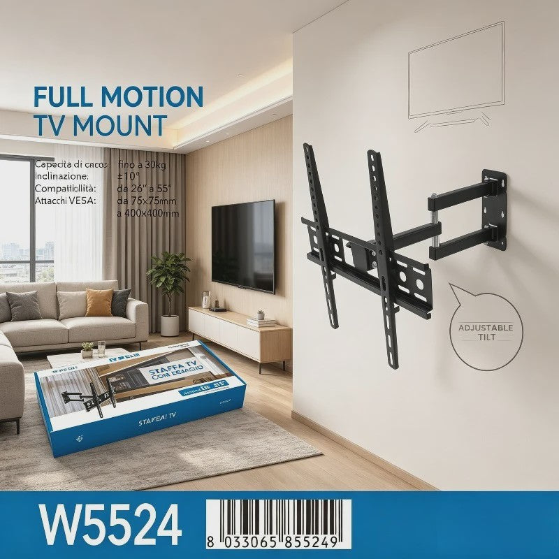 WETECH W5524 TV Muurbeugel - Dubbelarmig, Volledig Verstelbaar voor 26-55 Inch Schermen, 30kg Max, Kantelbaar