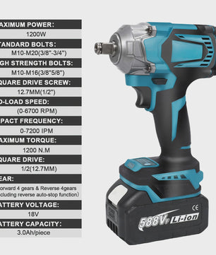 Krachtige 1200Nm Brushless Accu-slagmoersleutel 1/2" met LED, 8 standen, compatibel met Makita 18V accu
