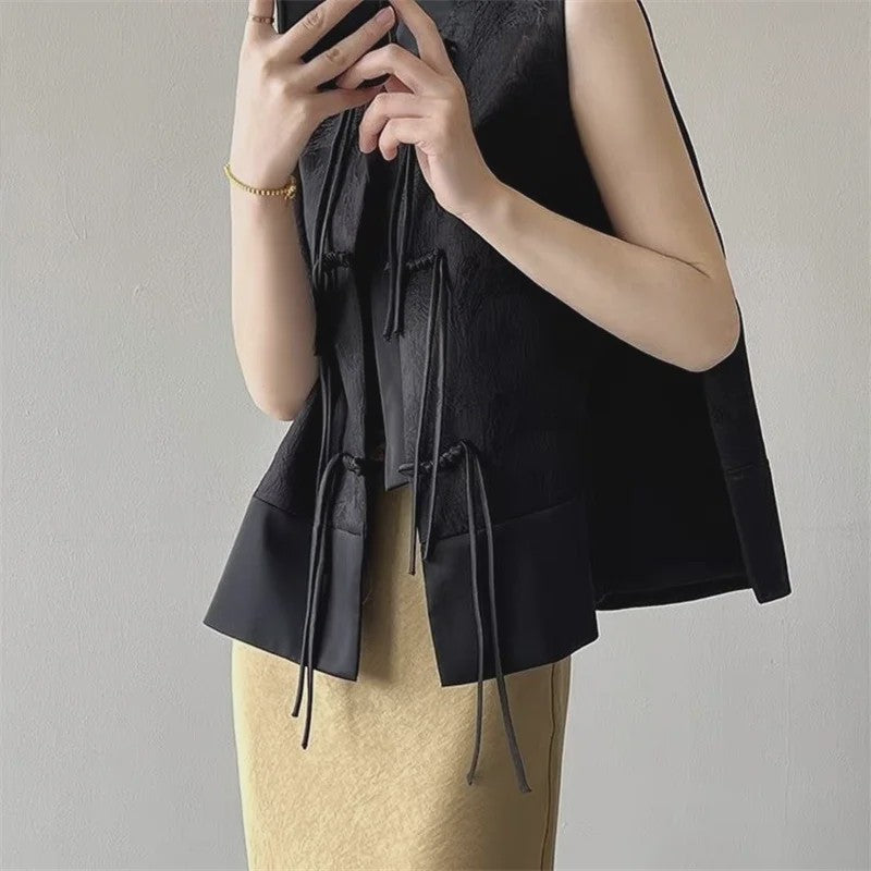 Chique Jacquard Vest met Knopen en Opstaande Kraag - Retro Stijl