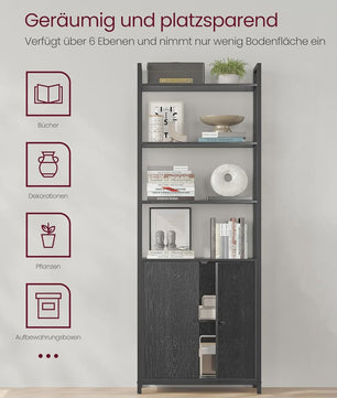 Stijlvolle Boekenkast met 6 Niveaus en Deuren - Metaal Frame