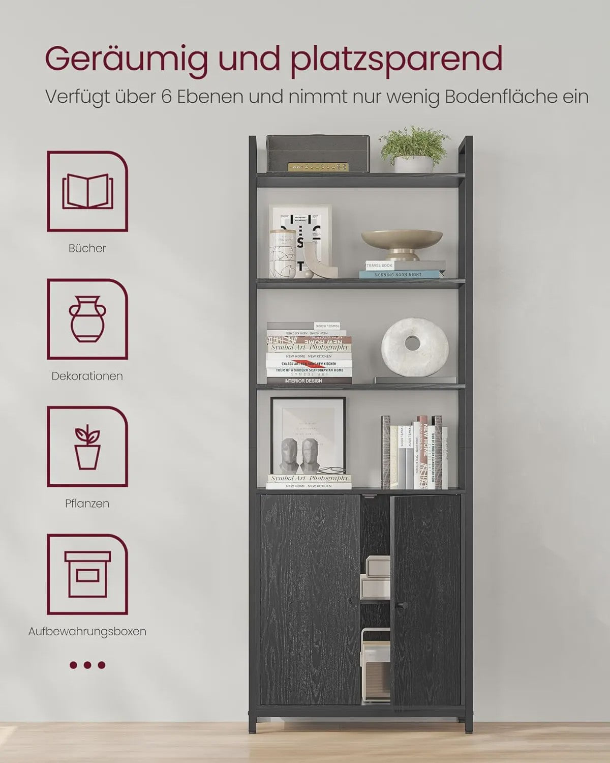 Stijlvolle Boekenkast met 6 Niveaus en Deuren - Metaal Frame