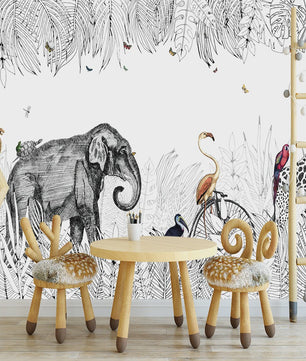 Milofi 3D Muurschildering Behang: Scandinavisch Bos met Jungle Dieren voor Kinderkamer