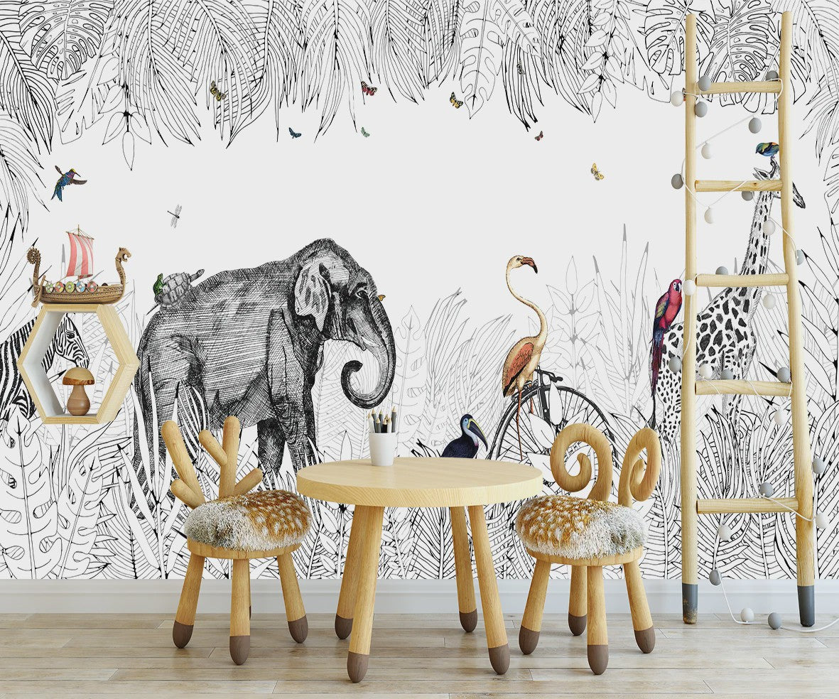 Milofi 3D Muurschildering Behang: Scandinavisch Bos met Jungle Dieren voor Kinderkamer