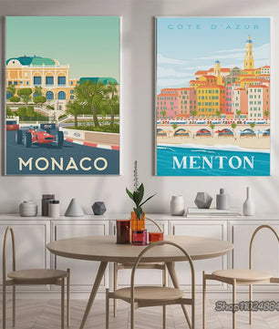 Nordic Canvas Poster: Kleurrijke Reisposters van Europese Steden - Parijs, Nice, Monaco