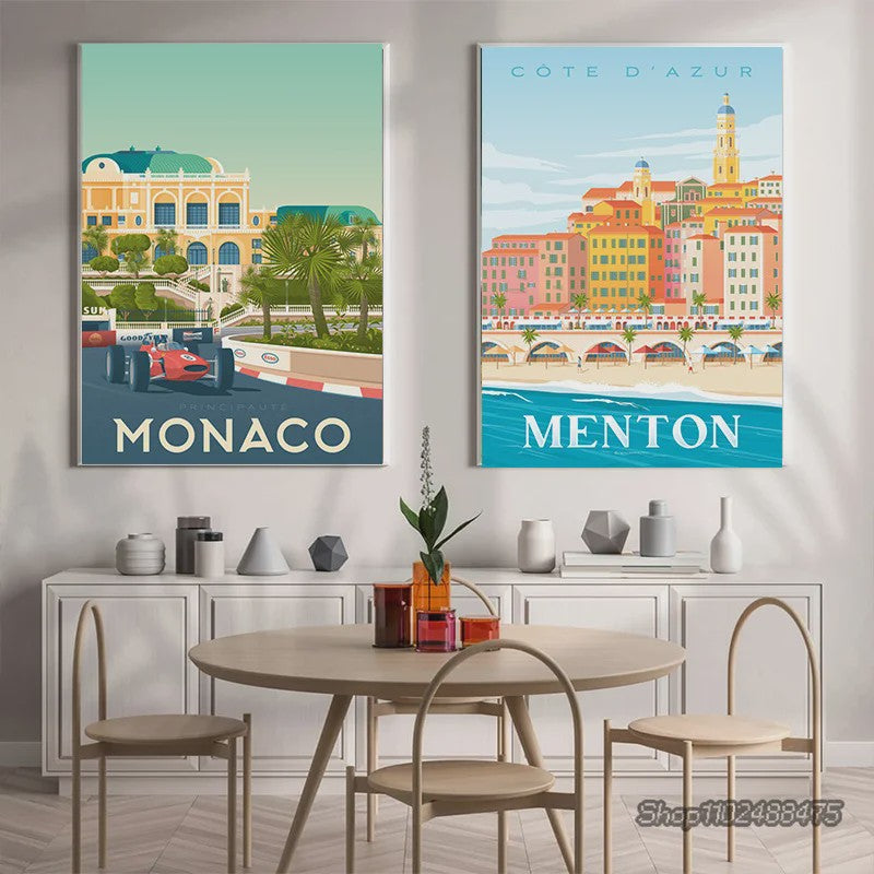 Nordic Canvas Poster: Kleurrijke Reisposters van Europese Steden - Parijs, Nice, Monaco