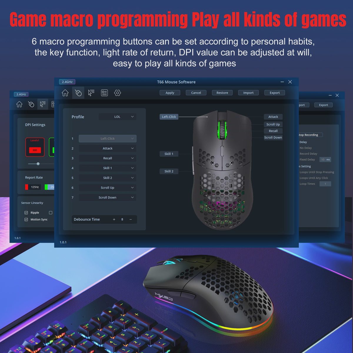 HXSJ T66 Gaming Muis: Draadloos, RGB, 10000DPI, 3 Modi (USB, 2.4G, BT 5.3), Macro Programmeerbaar