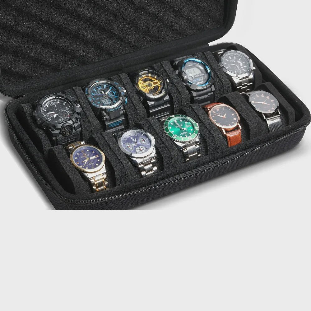 Luxe Horlogedoos 10 Vakken - Hardcase Opbergdoos & Vitrinehouder