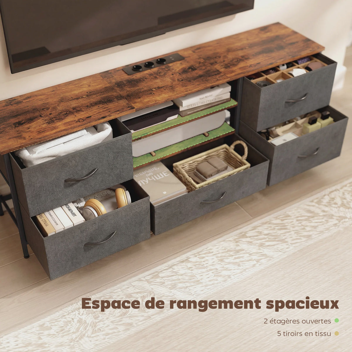 HOMCOM TV Meubel 140cm met 5 Lades, Open Planken en Laadstation - Rustiek Bruin