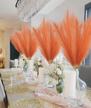 Set van 5, 10 of 20 Oranje Kunst Pampasgras Takken - 55cm Hoge Pluche Decoratie