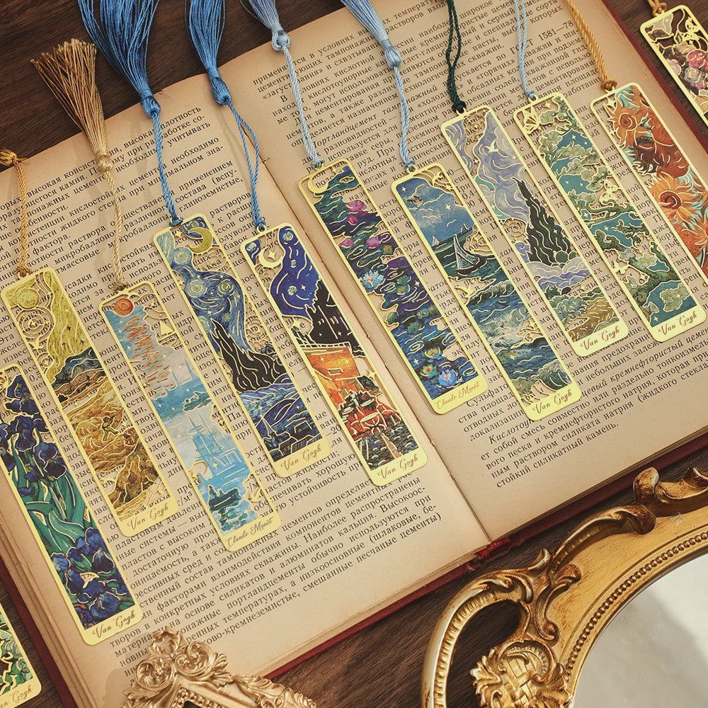 Set van 12 Vintage Metalen Bladwijzers met Kwastjes - Kunstzinnige Boekenleggers