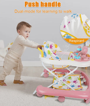 3-in-1 Opvouwbare Baby Walker met Zonnekap, Speelblad en 360° Wielen - Vanaf 6 Maanden