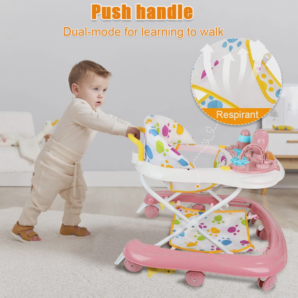 3-in-1 Opvouwbare Baby Walker met Zonnekap, Speelblad en 360° Wielen - Vanaf 6 Maanden