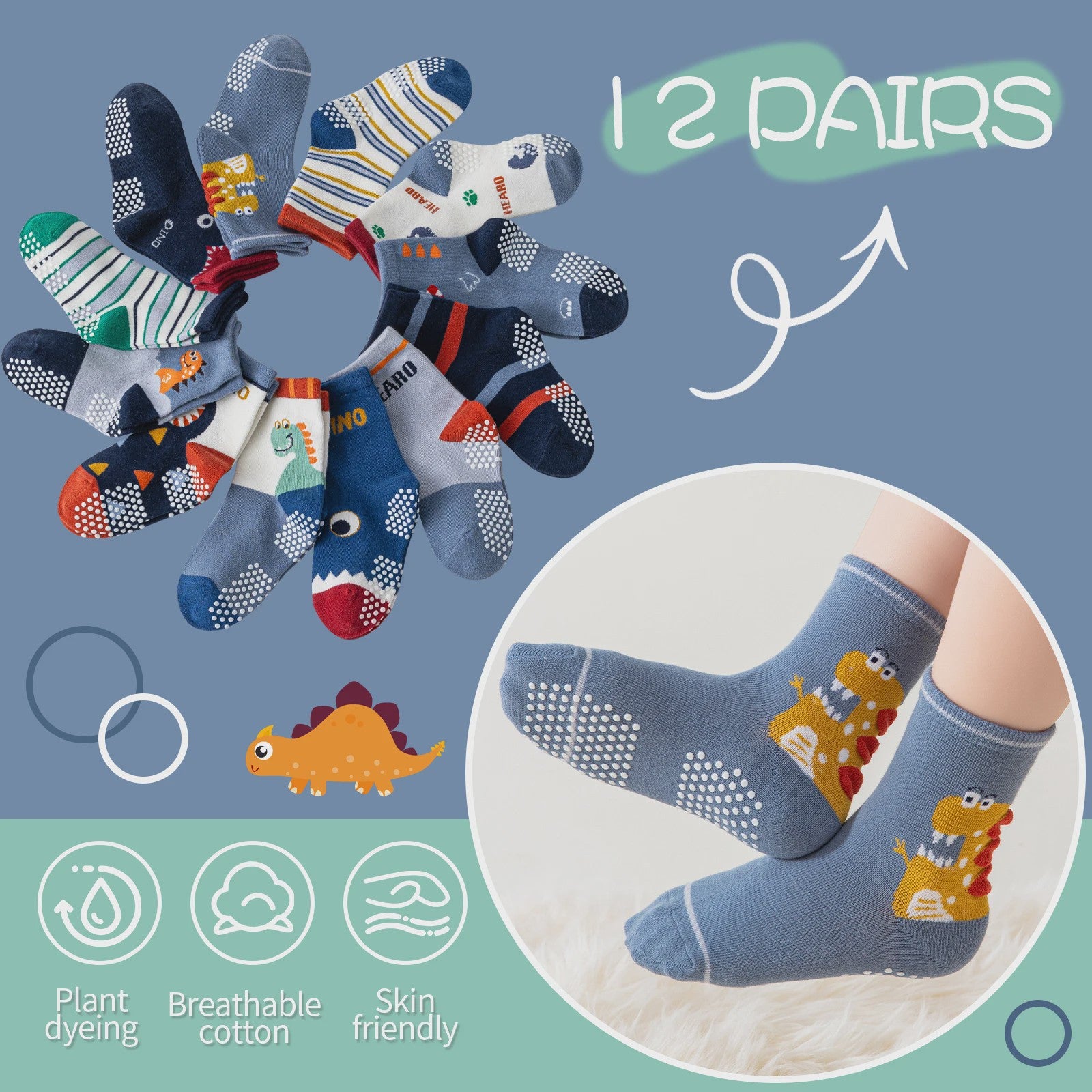 12 Paar Babysokken Jongens met Antislip - Katoen, Zacht & Veilig