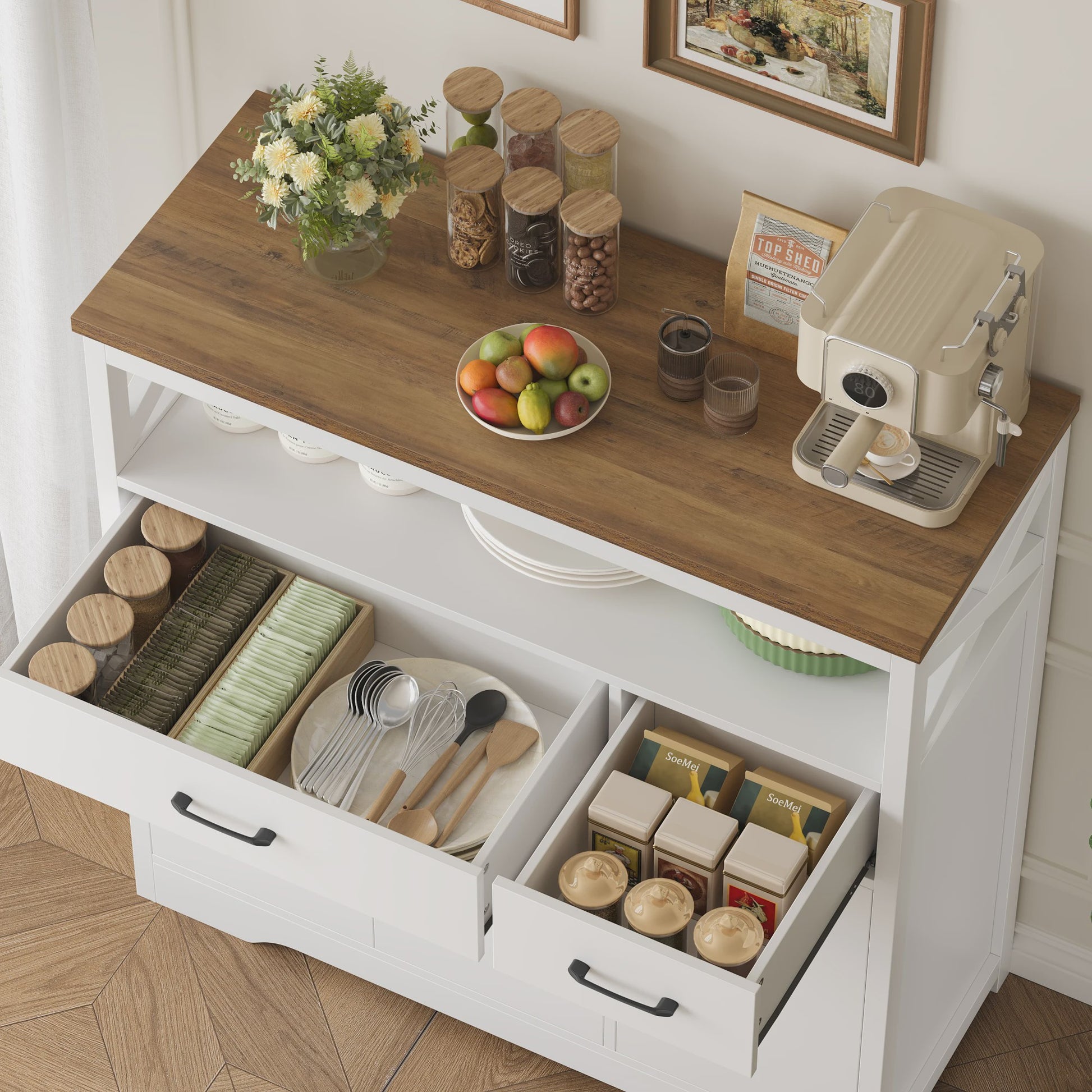 Stijlvol Wit Sideboard met 2 Lades en 3 Deuren - Buffetkast voor Woon- en Eetkamer