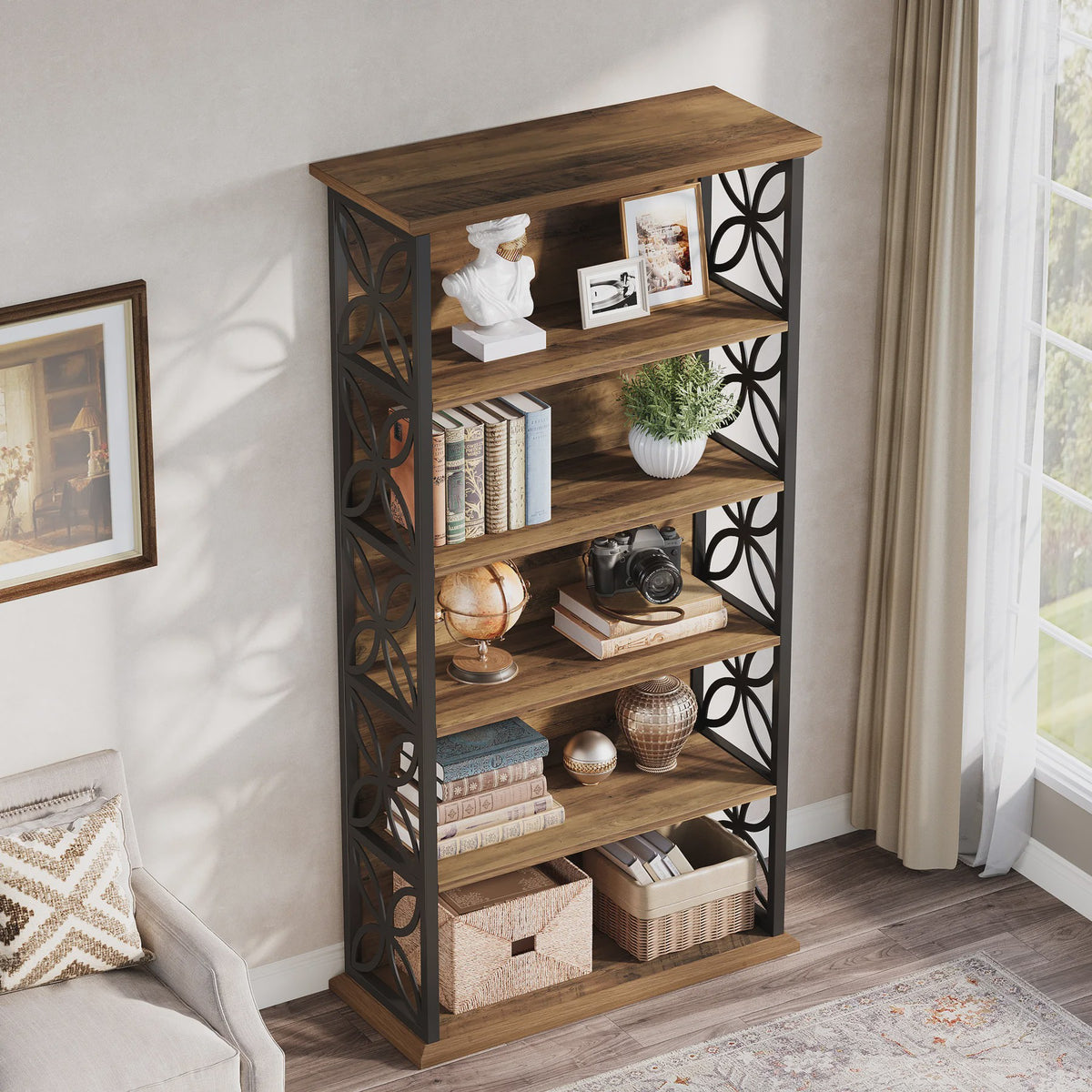 Industriële Boekenkast 6-Laags - 180 cm Hoge Open Opbergkast met Metaal Frame