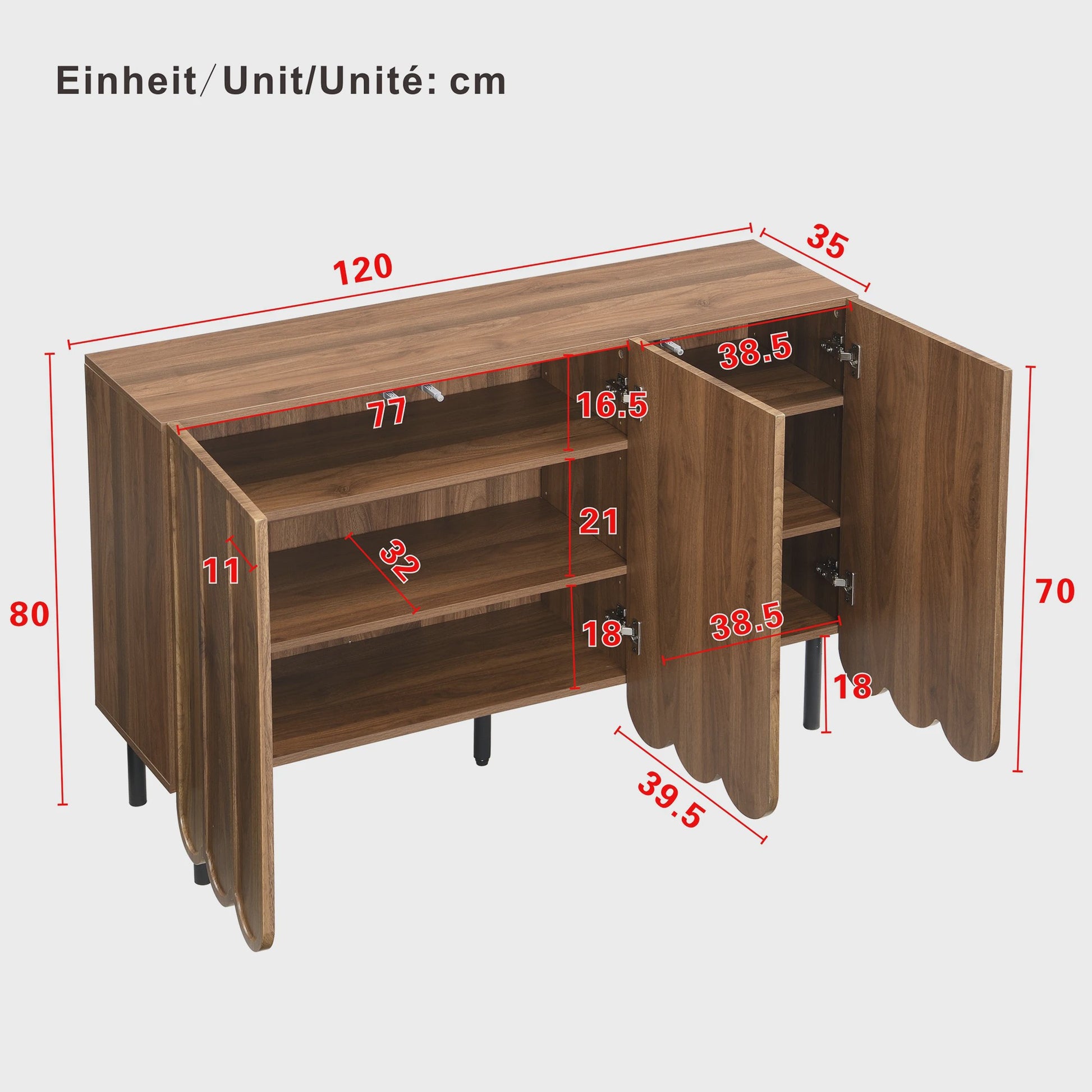 Modern Houten Sideboard met Golfdeuren - 120x35x80 cm - Handgreeploos, Verstelbare Planken