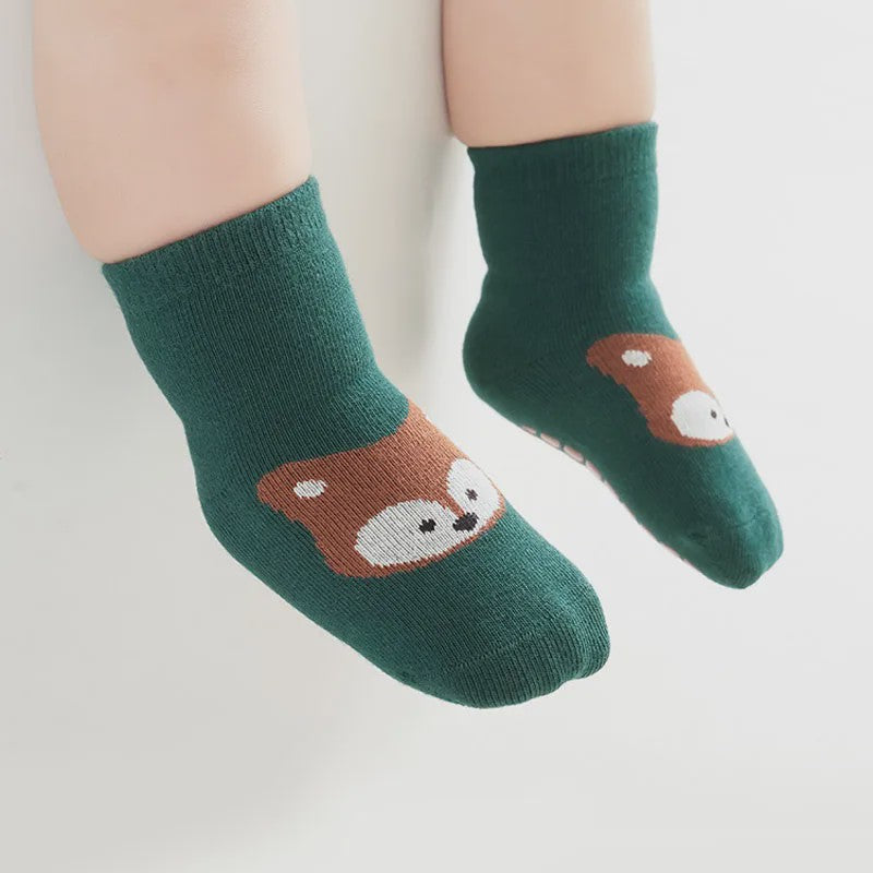 6 Paar Antislip Sokken Kinderen - Schattige Dierenprint (Vos & Beer) - Comfortabel voor Peuters