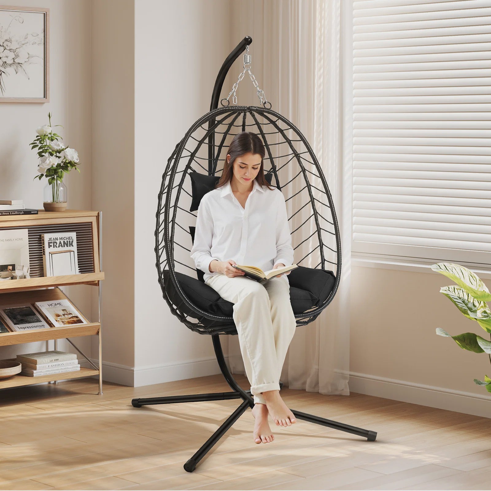 EUGAD Hangende Ei Stoel met Metalen Standaard - Comfortabele Schommelstoel voor Tuin & Balkon (150 kg)
