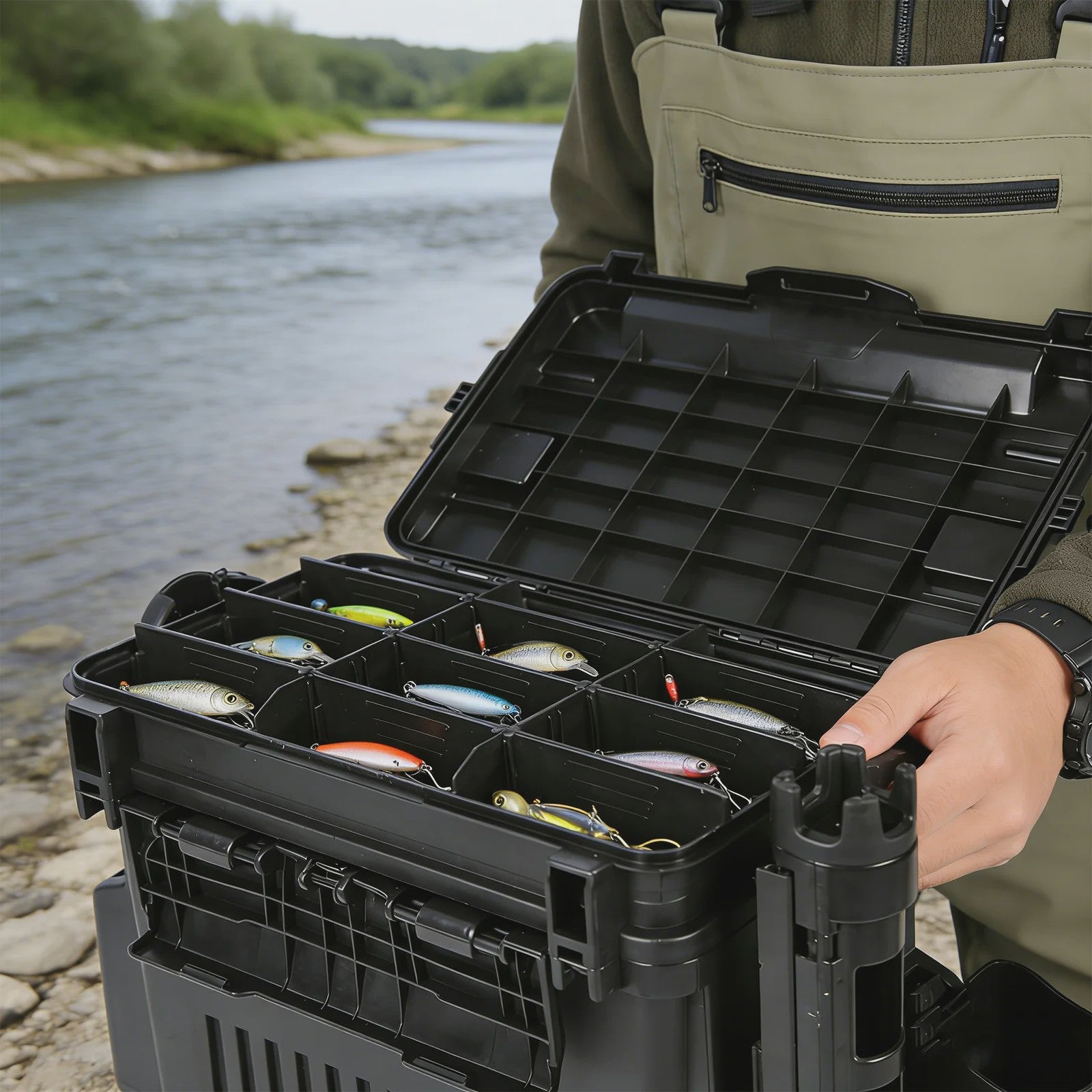 Waterdichte Vis Tackle Box met Hengelhouder - 2 Lagen Opbergorganizer