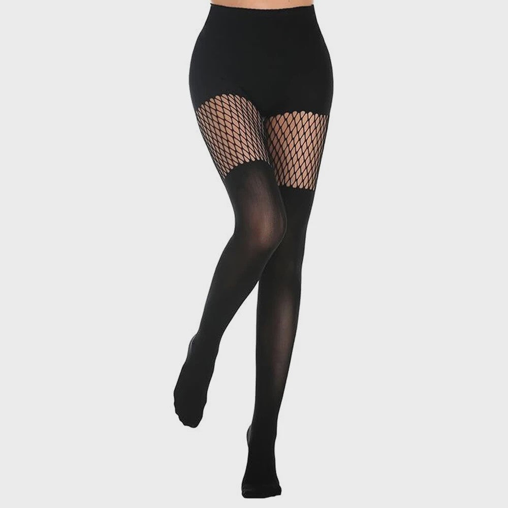Zwarte Visnet Panty met Jarretellen en Holle Ontwerp - Sexy Nachtclub & Dans Tights