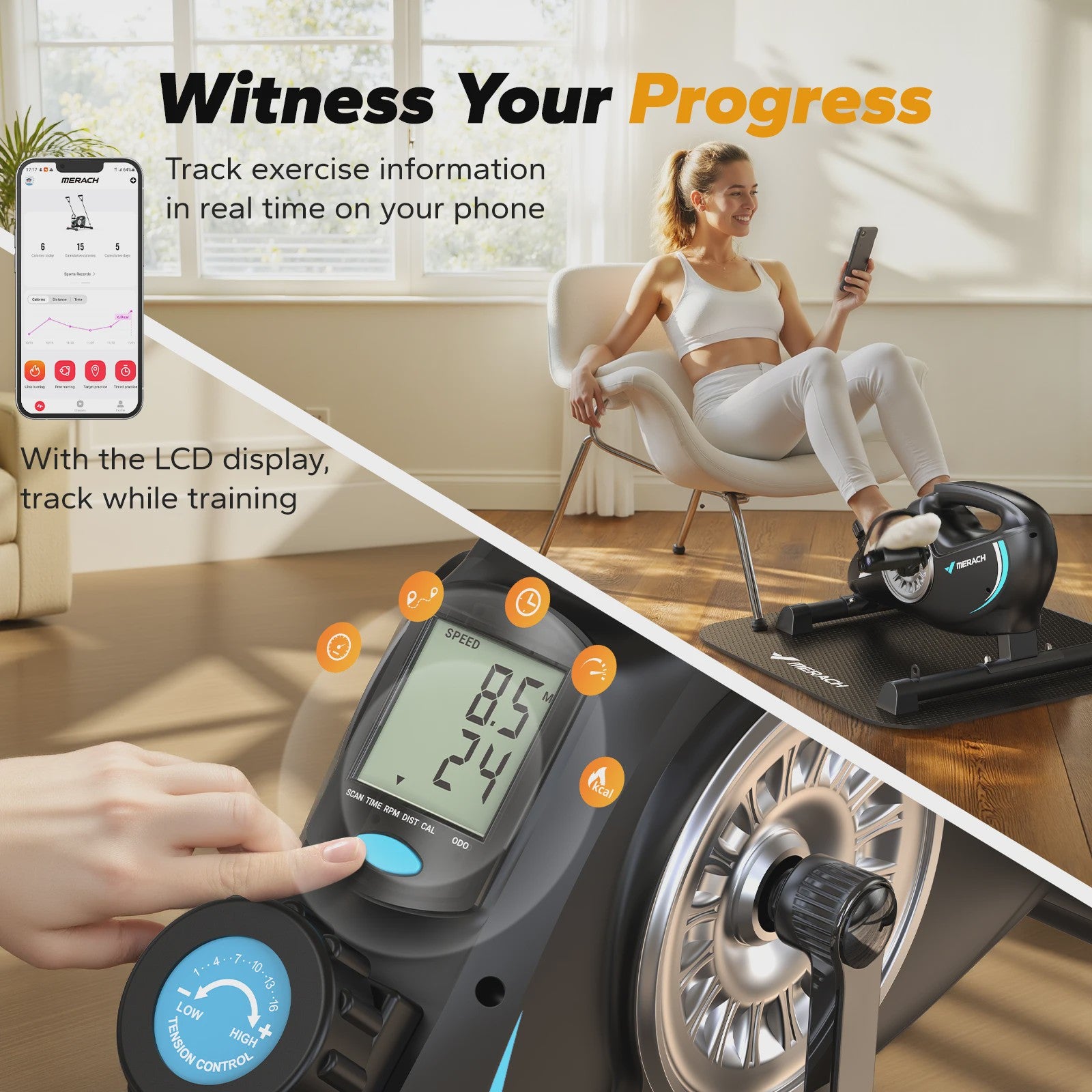 MERACH Mini Hometrainer Fiets - Stille Onder Desk Bike met App voor Arm & Been Training