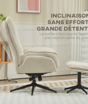 HOMCOM Armchair Living Room with Feet, Ribbed Velvet swivel chair, tilt back, seat and armrests padded, top back, Armchair for living room and bedroom, beige